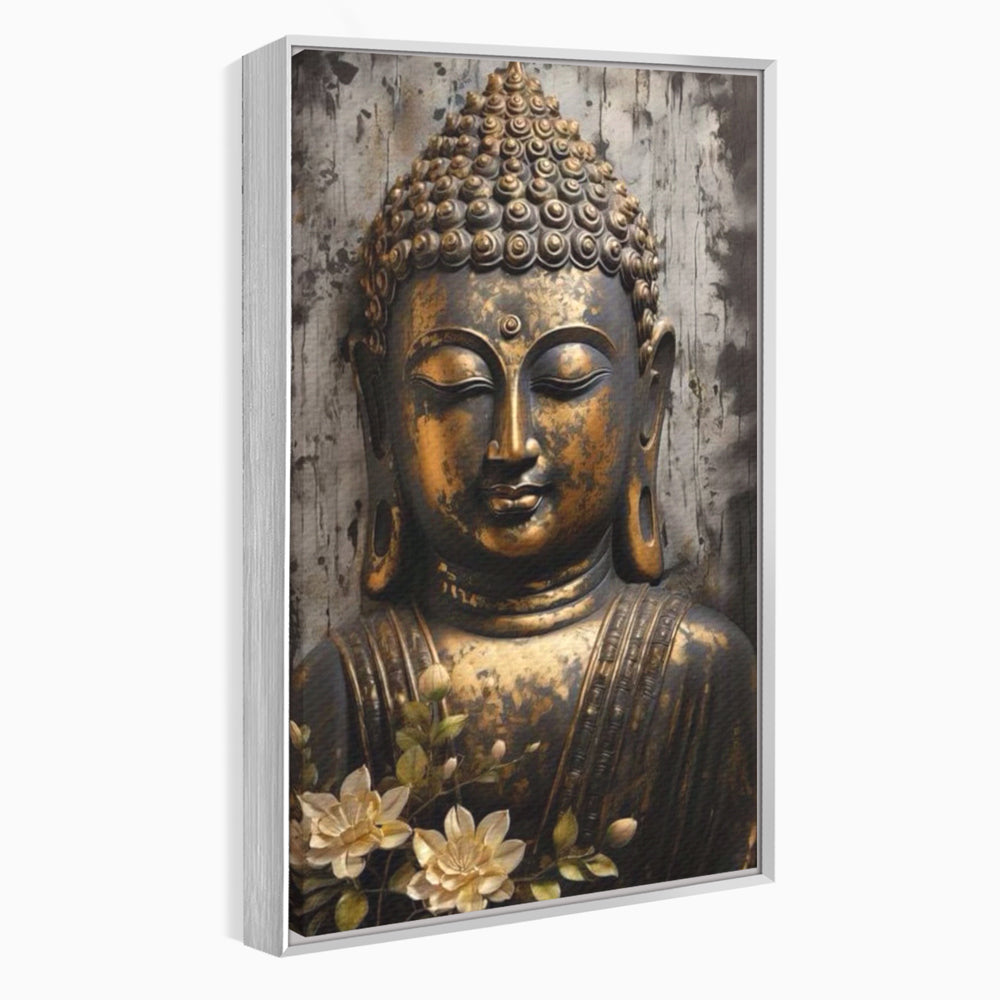 Tablou canvas cu tablou canvas cu capul lui buddha, in rama de aluminiu argintiu